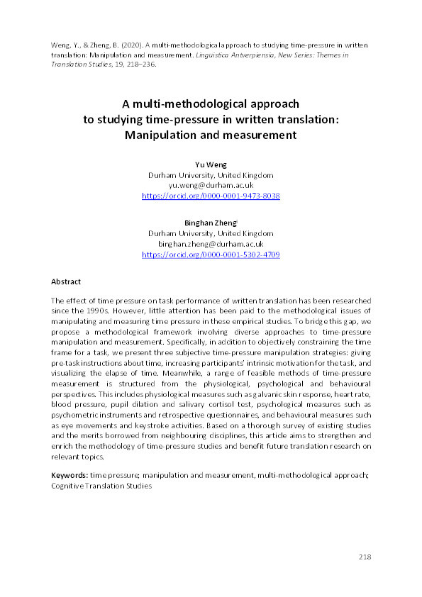 A multi-methodological approach to studying time-pressure in written translation: Manipulation and measurement Thumbnail